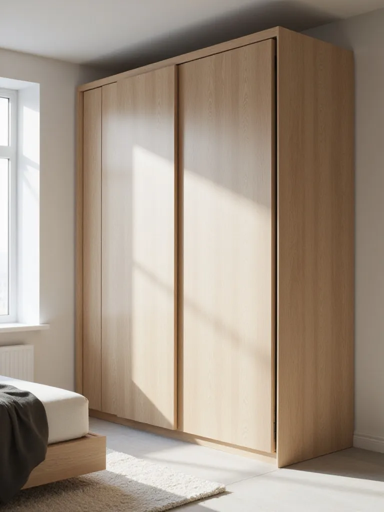 Slim-profile wardrobe with sliding doors in a minimalist bedroom setting.