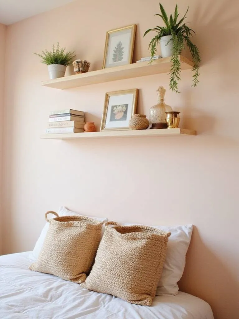 Organized bedroom with chic storage baskets and floating shelves