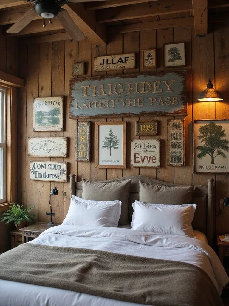Cozy rustic bedroom with vintage signs and nature-inspired art on wall