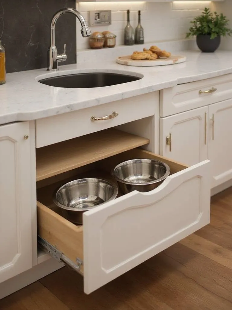 Contemporary kitchen with a pet-friendly zone featuring pull-out bowls and stylish design.
