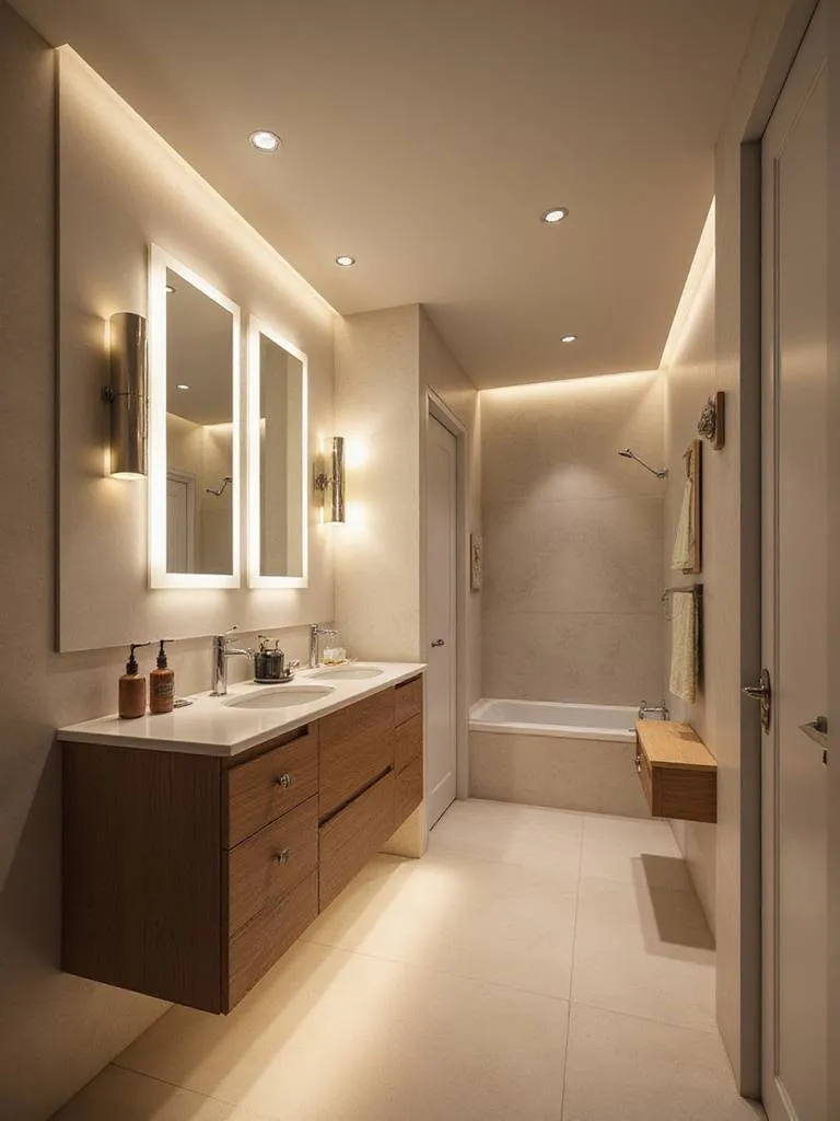 Modern bathroom showcasing layered lighting zones with ambient, task, and accent lights.