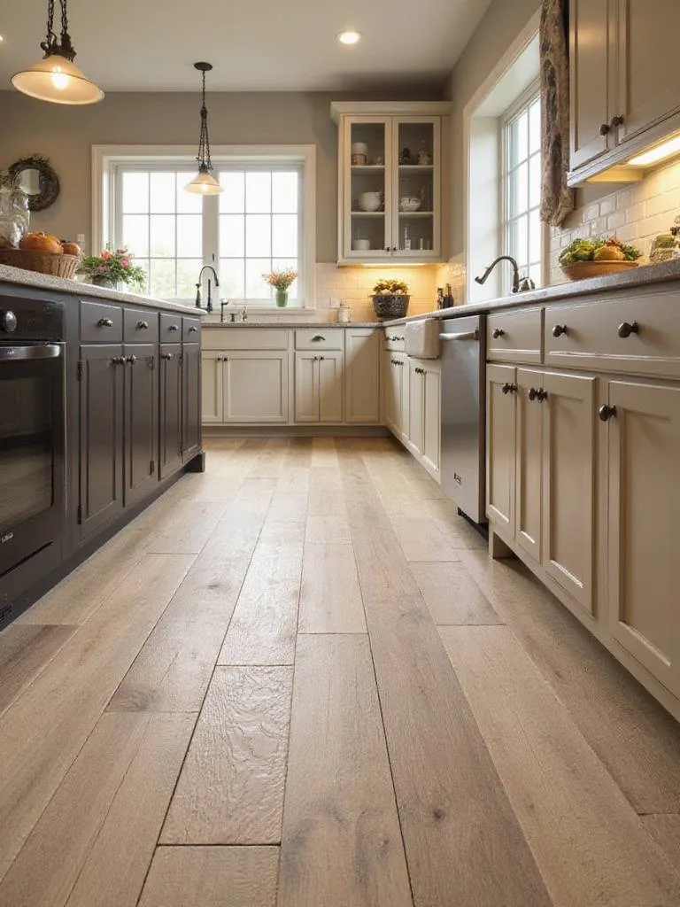 Professional photo of a kitchen with safe and resilient flooring options, showcasing textures and colors.