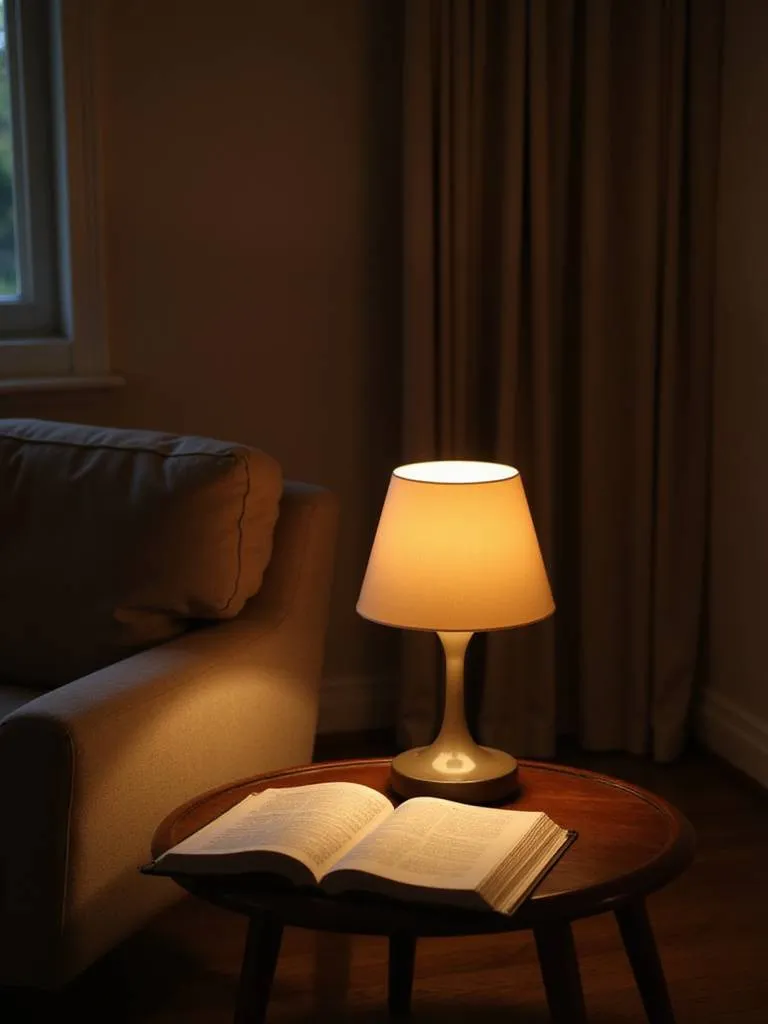 Cozy reading nook with a stylish table lamp illuminating a book on a side table