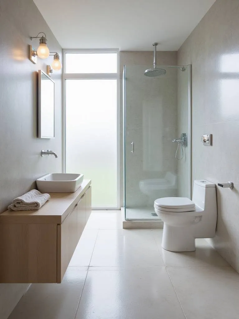 Modern bathroom layout showcasing space optimization with a wall-mounted vanity and walk-in shower.