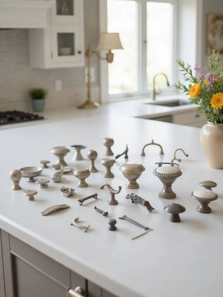 Elegant kitchen showcasing various cabinet hardware options with natural lighting.