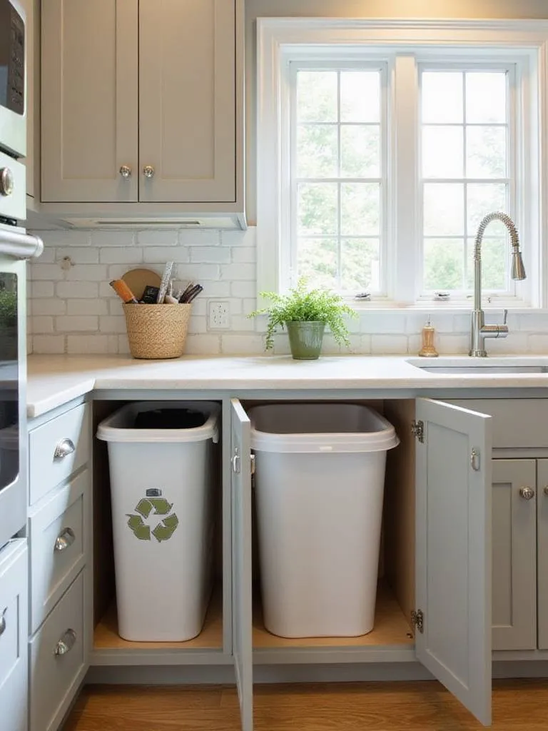 Integrated trash and recycling bins within a small kitchen cabinetry setup