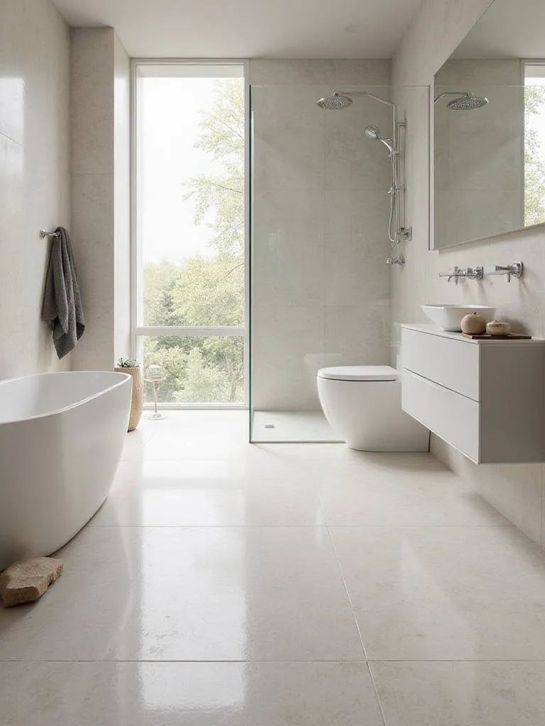 Modern bathroom with large format tiles minimizing grout lines for a sleek appearance