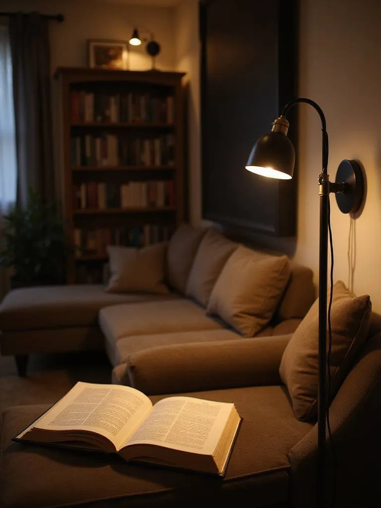 Cozy reading nook with task lighting illuminating an open book in a stylish living room.