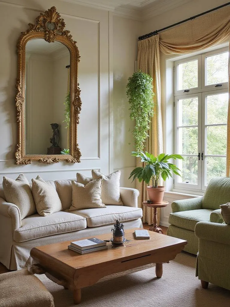 Living room with strategically placed mirrors reflecting light and space