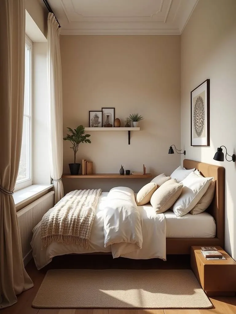 A small bedroom with a bed pushed against one wall, featuring cozy decor and natural lighting.