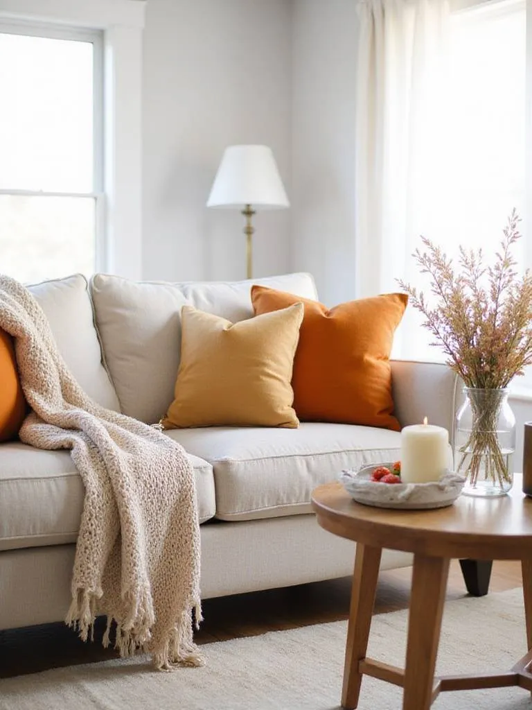 Stylish living room with seasonal decor updates, featuring autumn-themed throw pillows and a cozy atmosphere