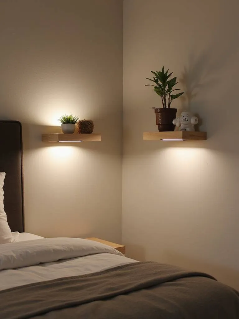 Stylish bedroom with wall-mounted nightstands and cozy lighting