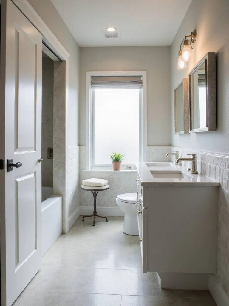 Small bathroom featuring a space-saving pocket door and modern fixtures.