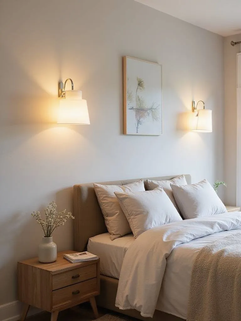Cozy small bedroom with wall sconces eliminating the need for table lamps