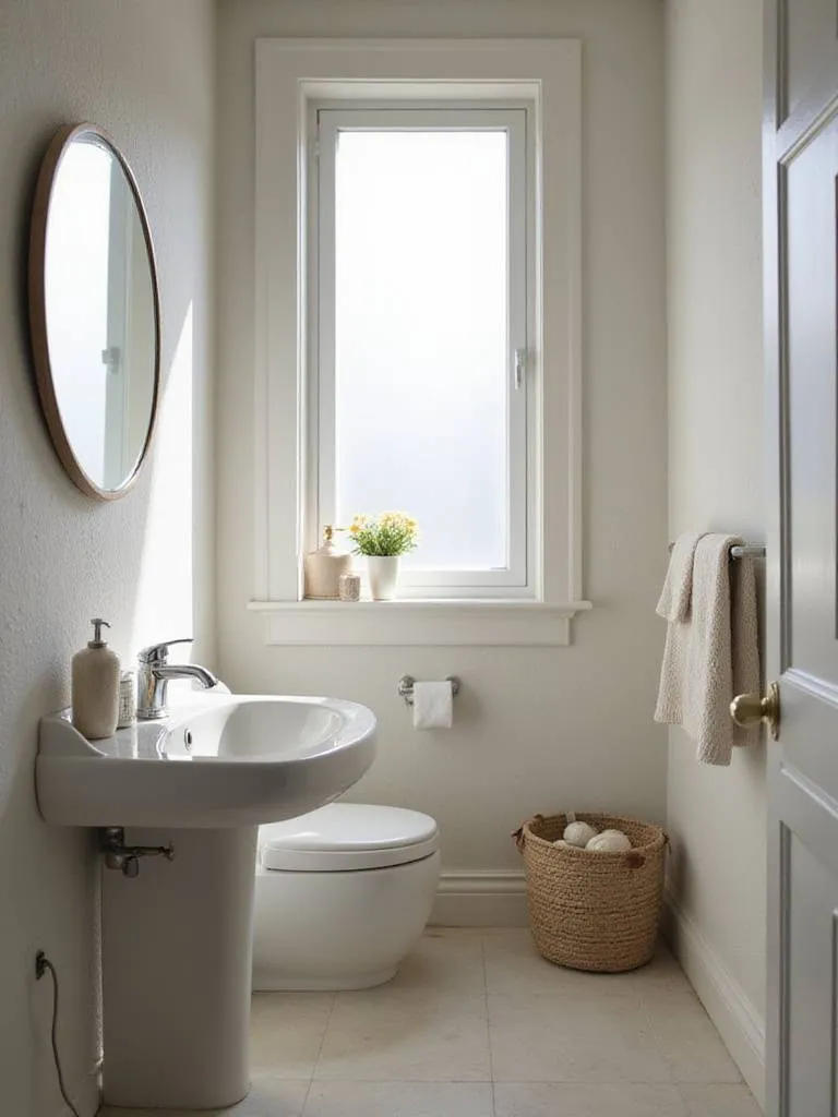 Organized small bathroom with natural light and minimal clutter