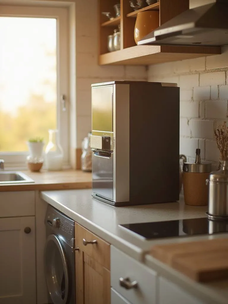 A small kitchen featuring a compact, multi-functional appliance with warm lighting and minimal clutter.