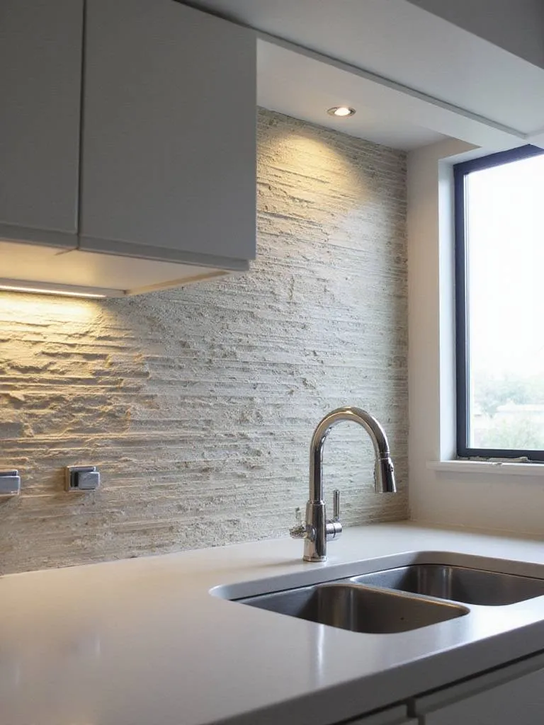 Modern kitchen with a colorful and textured backsplash behind the sink