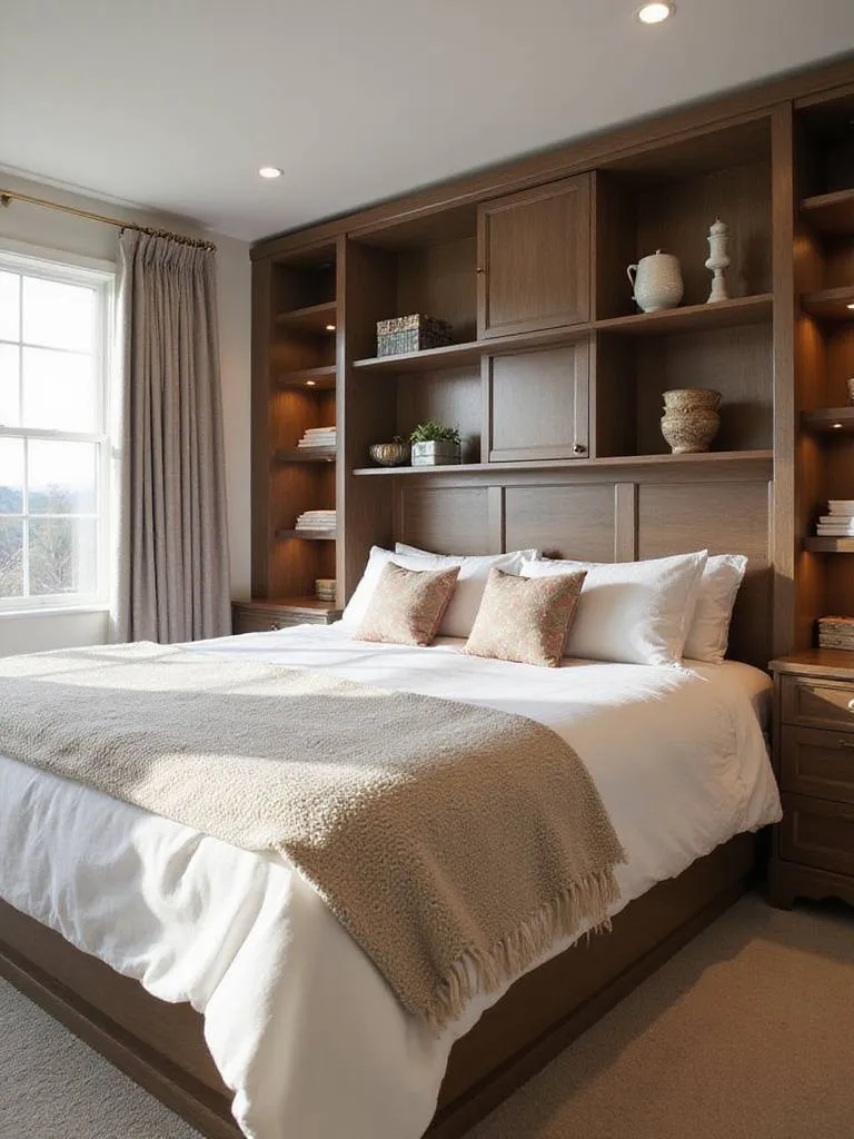 Stylish bedroom with a headboard featuring built-in storage, showcasing its functionality and design.