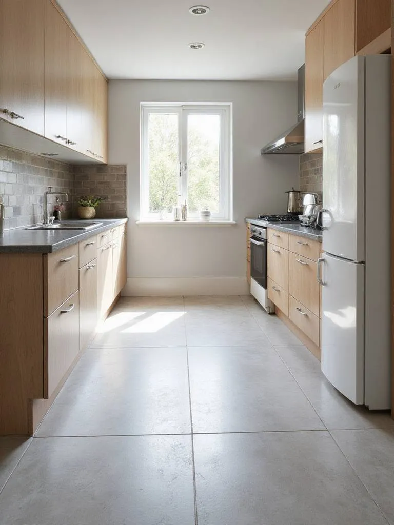 A small kitchen with large format porcelain tiles, emphasizing space and modern design.