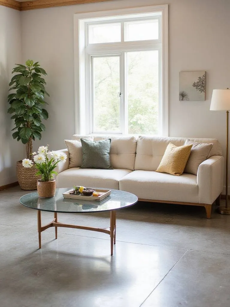 Living room designed for easy cleaning and low-maintenance materials featuring a glass coffee table and performance velvet sofa.