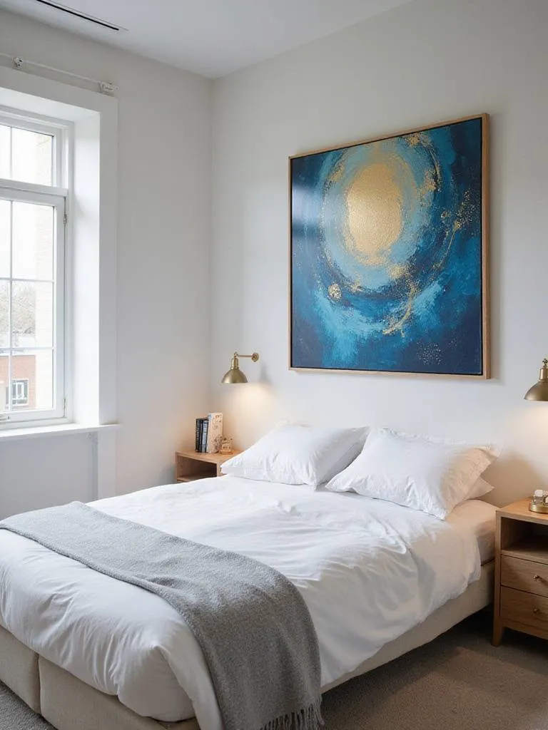 A small bedroom with a large abstract wall art piece above the bed.