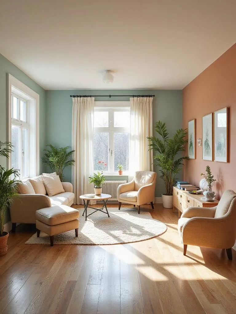 Bright and airy living room with various paint colors on the walls, showcasing how color influences mood and light.