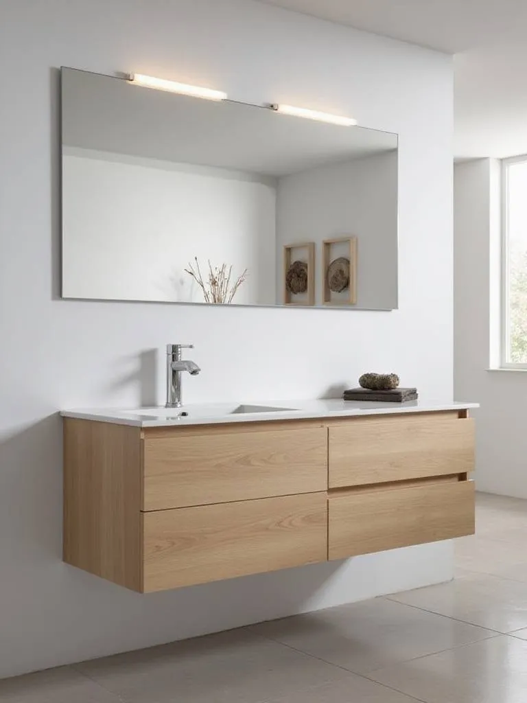 Modern floating vanity in a spacious bathroom with ambient lighting