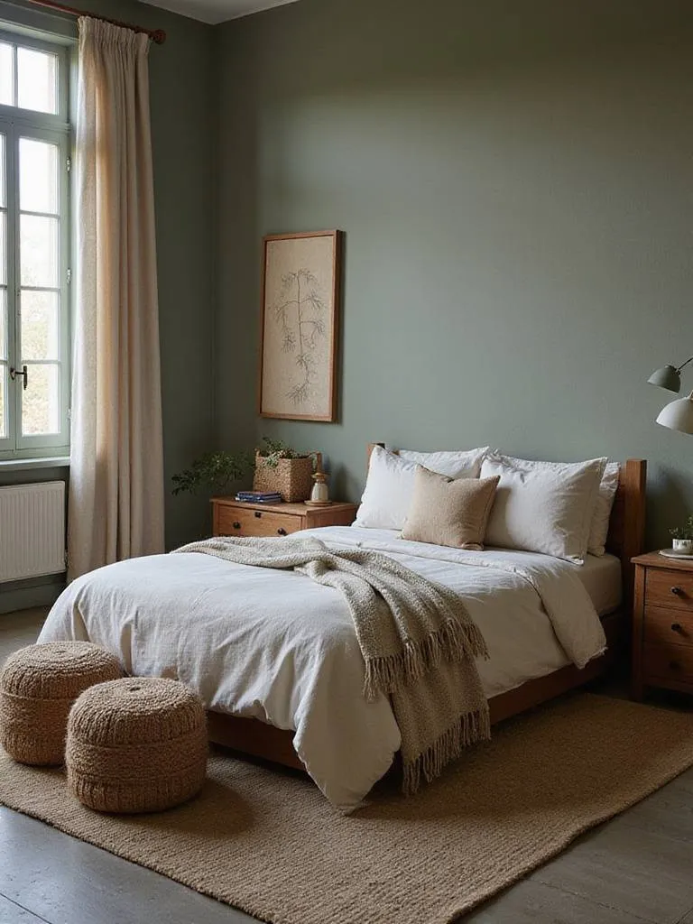 Rustic bedroom with earthy paint hues, featuring muted greens and warm grays