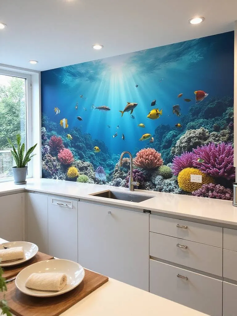Custom artistic backsplash mural depicting a vibrant underwater scene in a modern kitchen