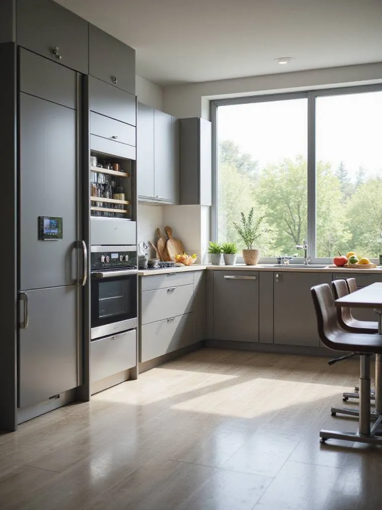 Modern kitchen with smart appliances including refrigerator, oven, and dishwasher.