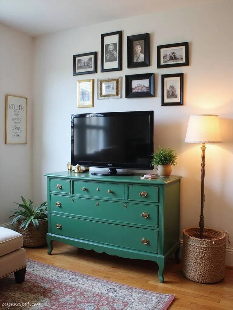 Decorated small living room featuring secondhand and DIY elements