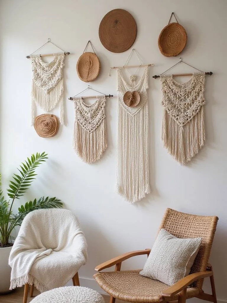 A boho living room wall with sustainable and ethical decor pieces, featuring macrame and wooden art.