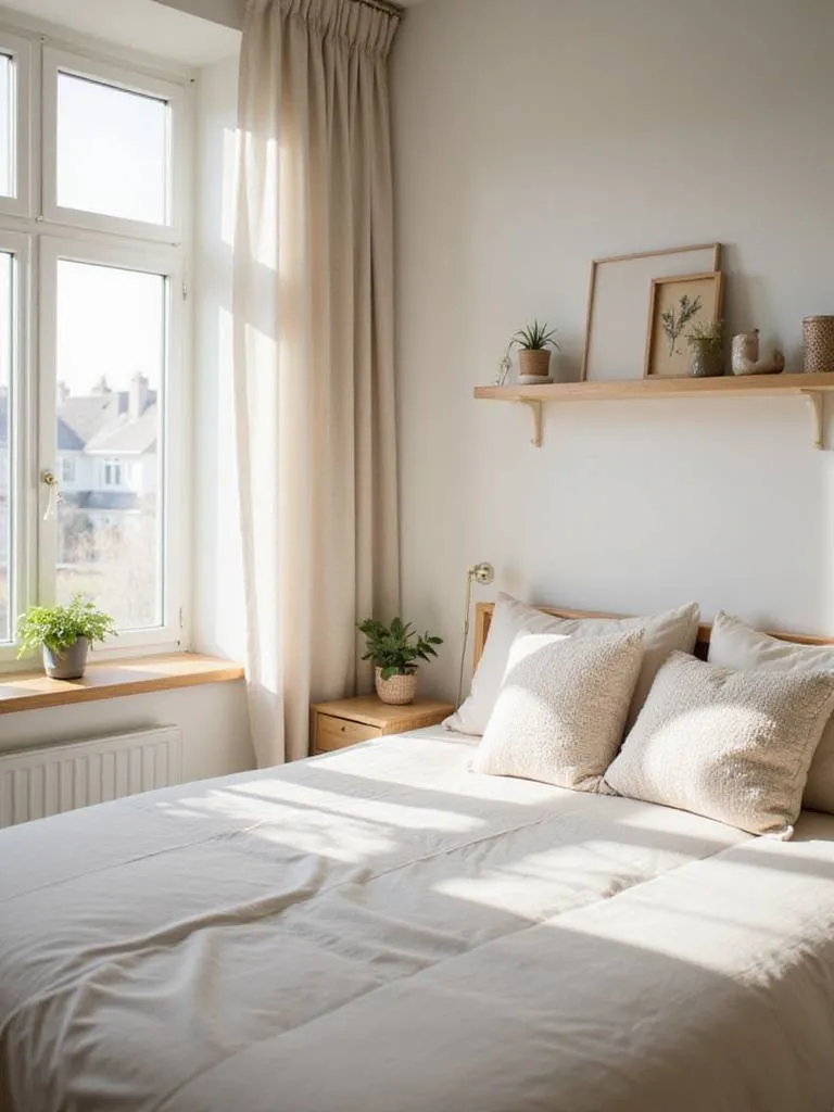 A serene and organized small bedroom with natural light, showcasing a clutter-free environment.