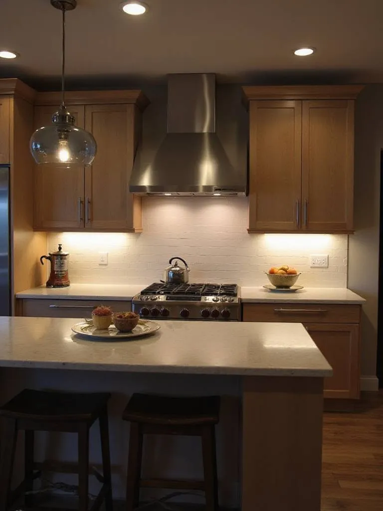 Contemporary kitchen with strategic under-cabinet lighting illuminating the countertop.