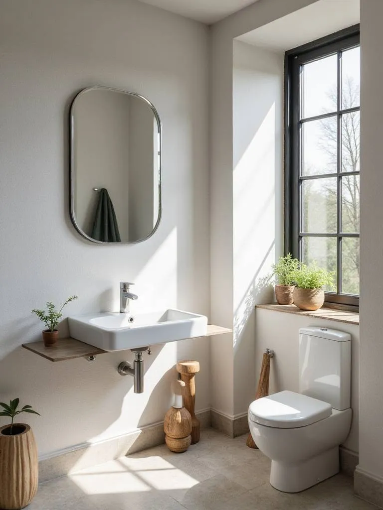 A small bathroom with a large frameless mirror reflecting light and creating a spacious illusion