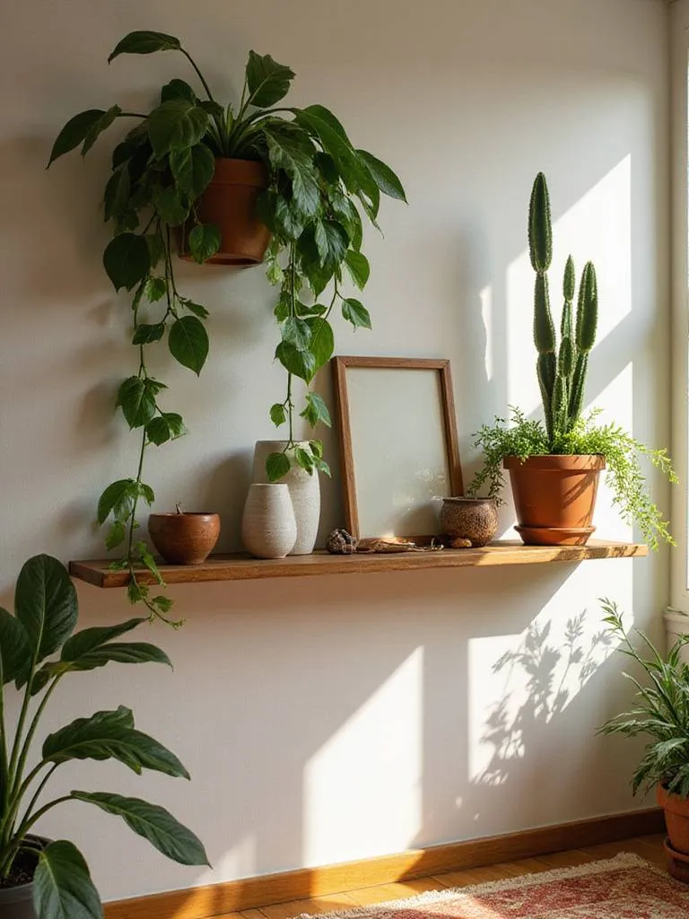 Floating shelves styled with greenery and artisan objects in a bohemian living room.