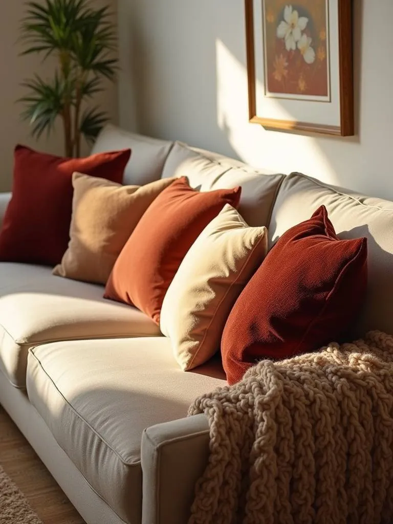 Cozy living room with throw pillows and blankets