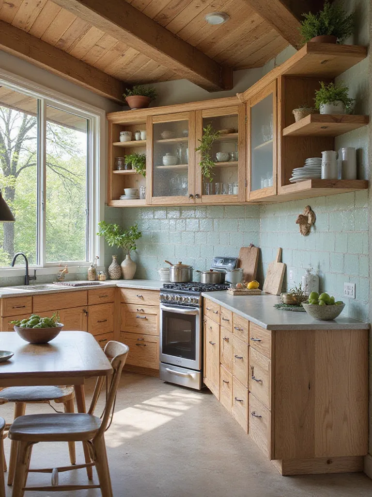 Eco-conscious kitchen featuring sustainable materials like reclaimed wood and recycled glass.