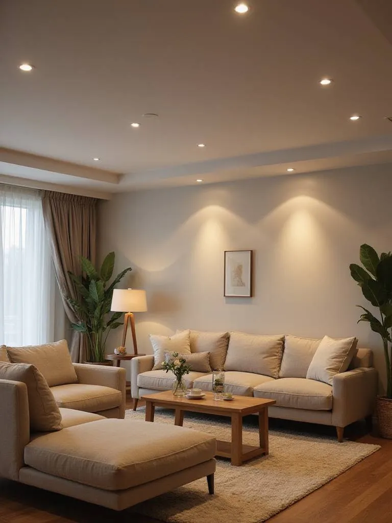 Living room with evenly spaced recessed lighting providing ambient illumination.