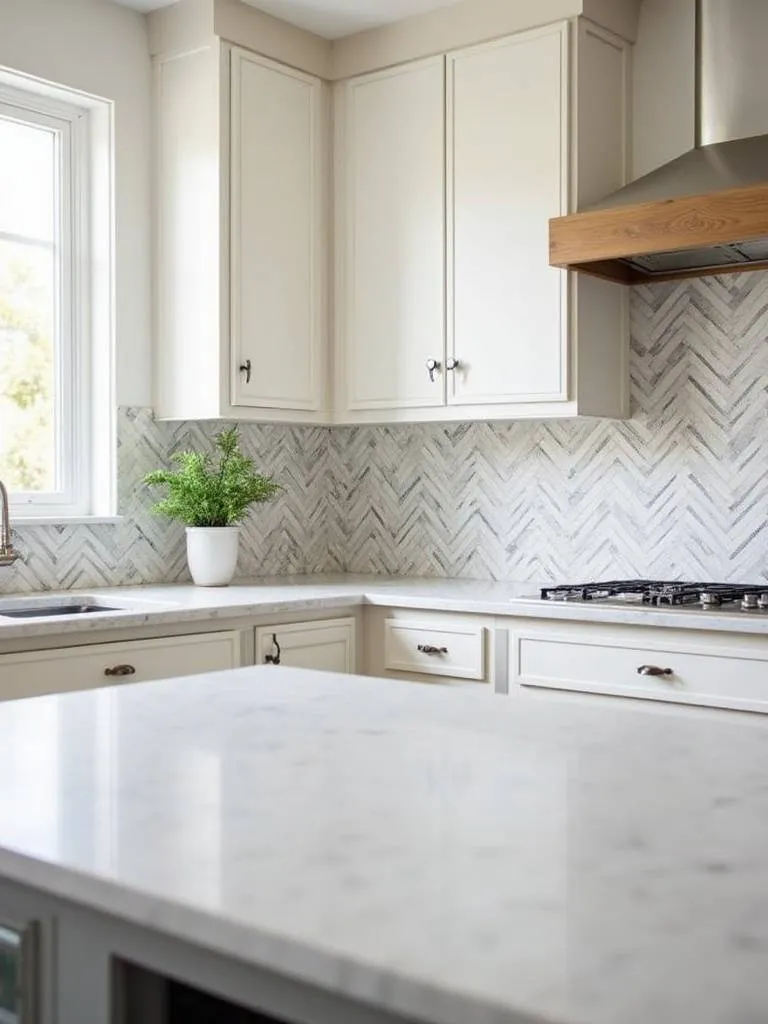 Modern kitchen with peel-and-stick tiles as backsplash