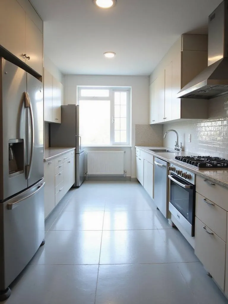 Modern kitchen layout with clear traffic flow, emphasizing safety and functionality.