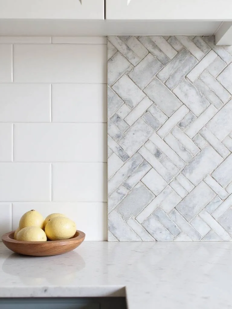 Modern kitchen with mixed tile backsplash patterns including subway and herringbone styles.