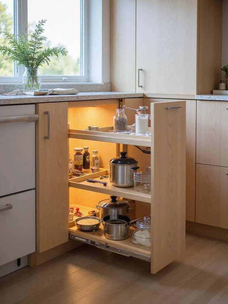 Modern kitchen featuring smart cabinet pull-out solutions with organized storage.