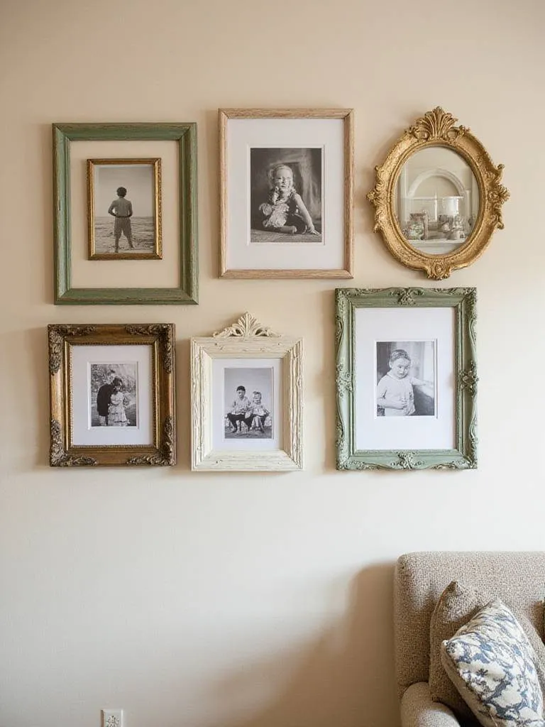 A creative arrangement of upcycled thrifted frames and objects on a living room wall.