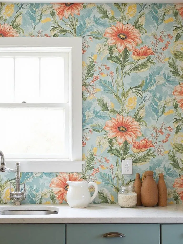 Vibrant kitchen backsplash with botanical peel-and-stick wallpaper in a well-lit kitchen