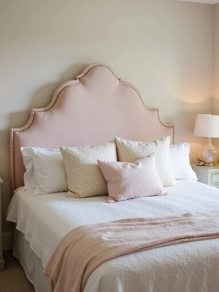 Stylish bedroom with a unique upholstered headboard and cozy bedding
