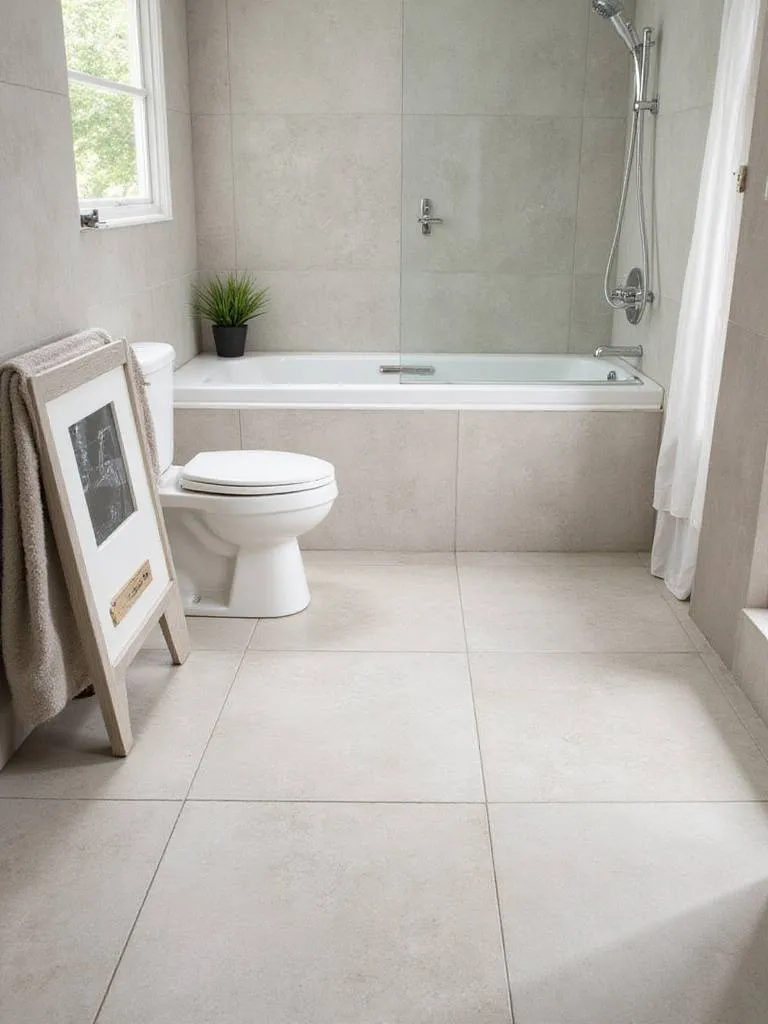 Small bathroom with large-format tiles creating an illusion of grandeur