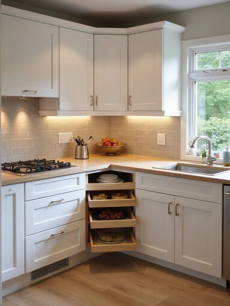 Modern small kitchen with effective corner space solutions including pull-out units and Lazy Susan.