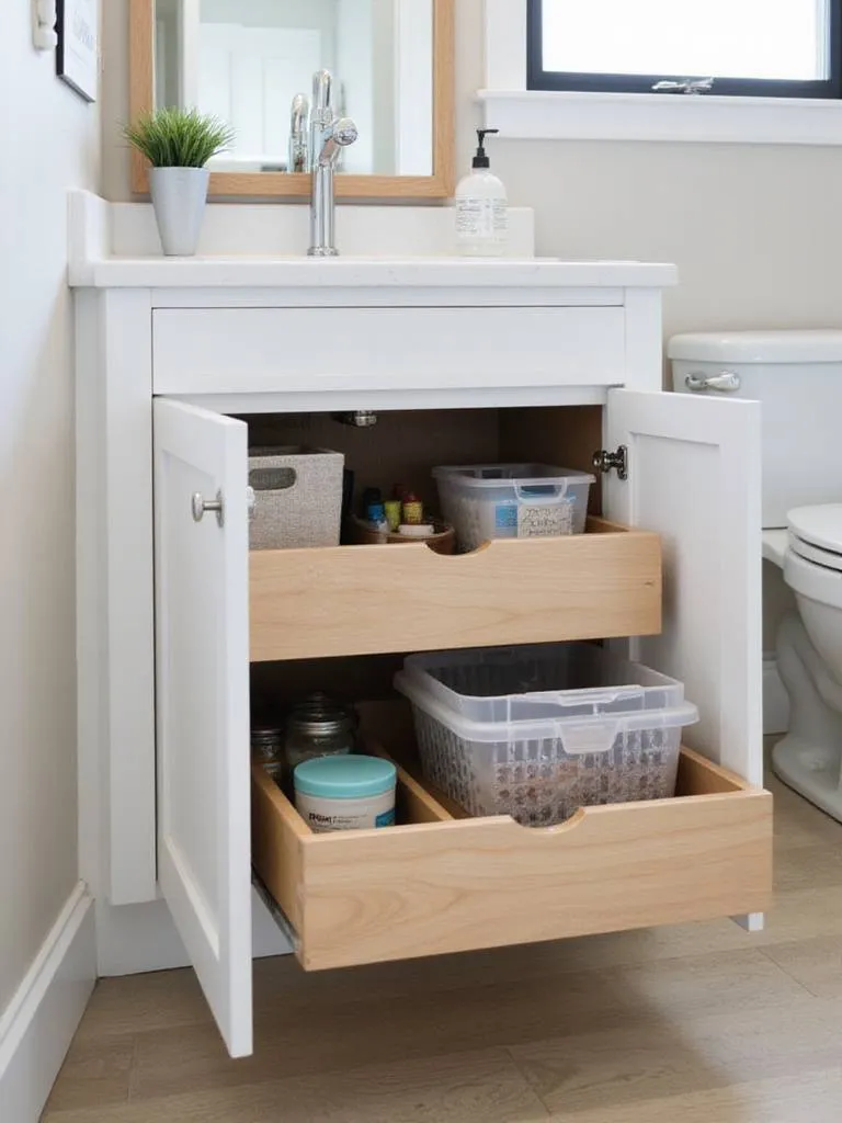 Organized under-sink cabinet with clever storage solutions in a small bathroom