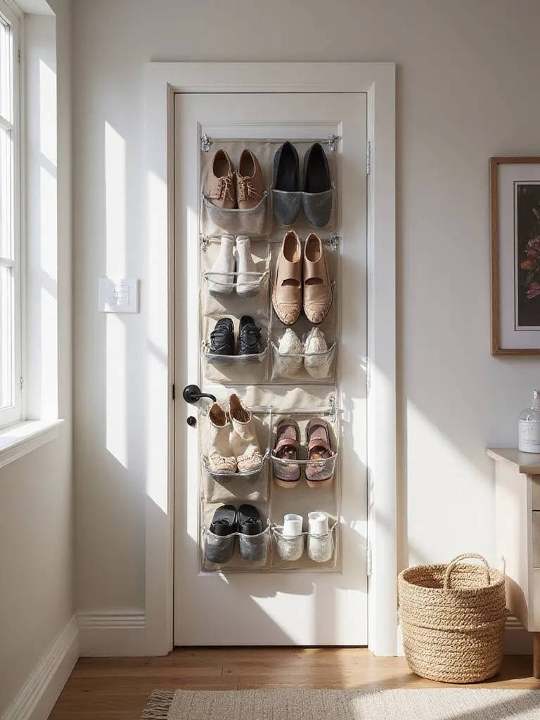 Small bedroom with an over-the-door organizer filled with shoes and accessories, showcasing innovative storage solutions.